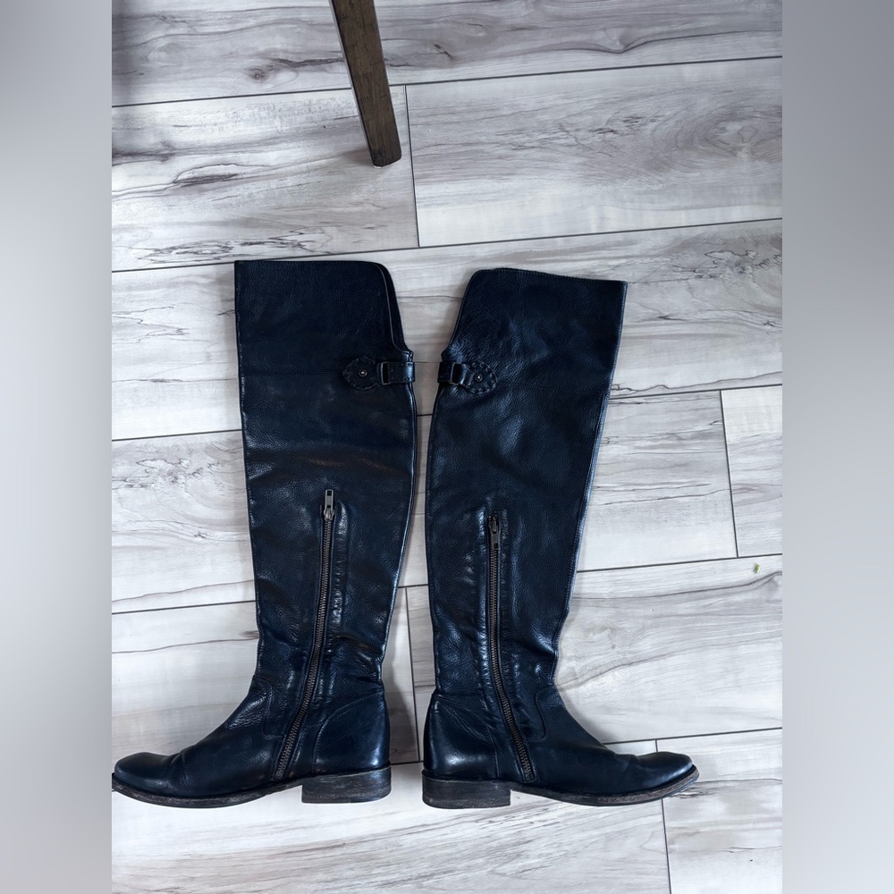 Frye Black Tall Leather Distressed Riding Boots - Picture 3 of 3